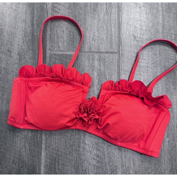 Betsey Johnson Bikini Swim TOP Ruffle Flower Bandeau Removable Straps Red Pin up - Picture 1 of 3